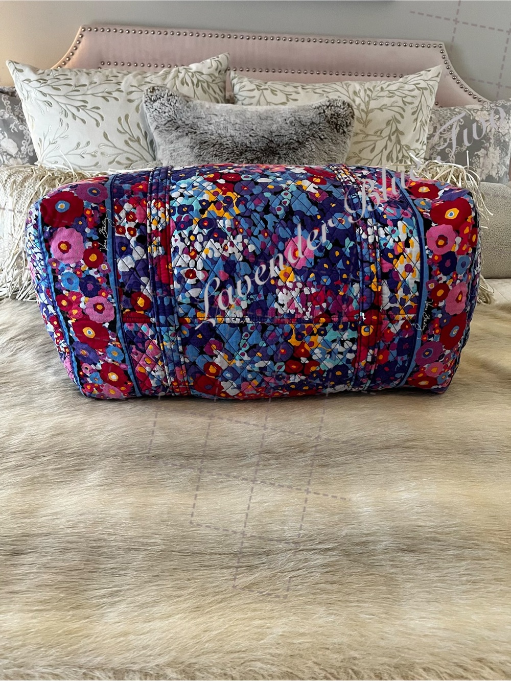 VERA BRADLEY Impressoinita 2015 Large Duffle Bag 2 Handles Zip Top Pink Purple - Picture 9 of 12